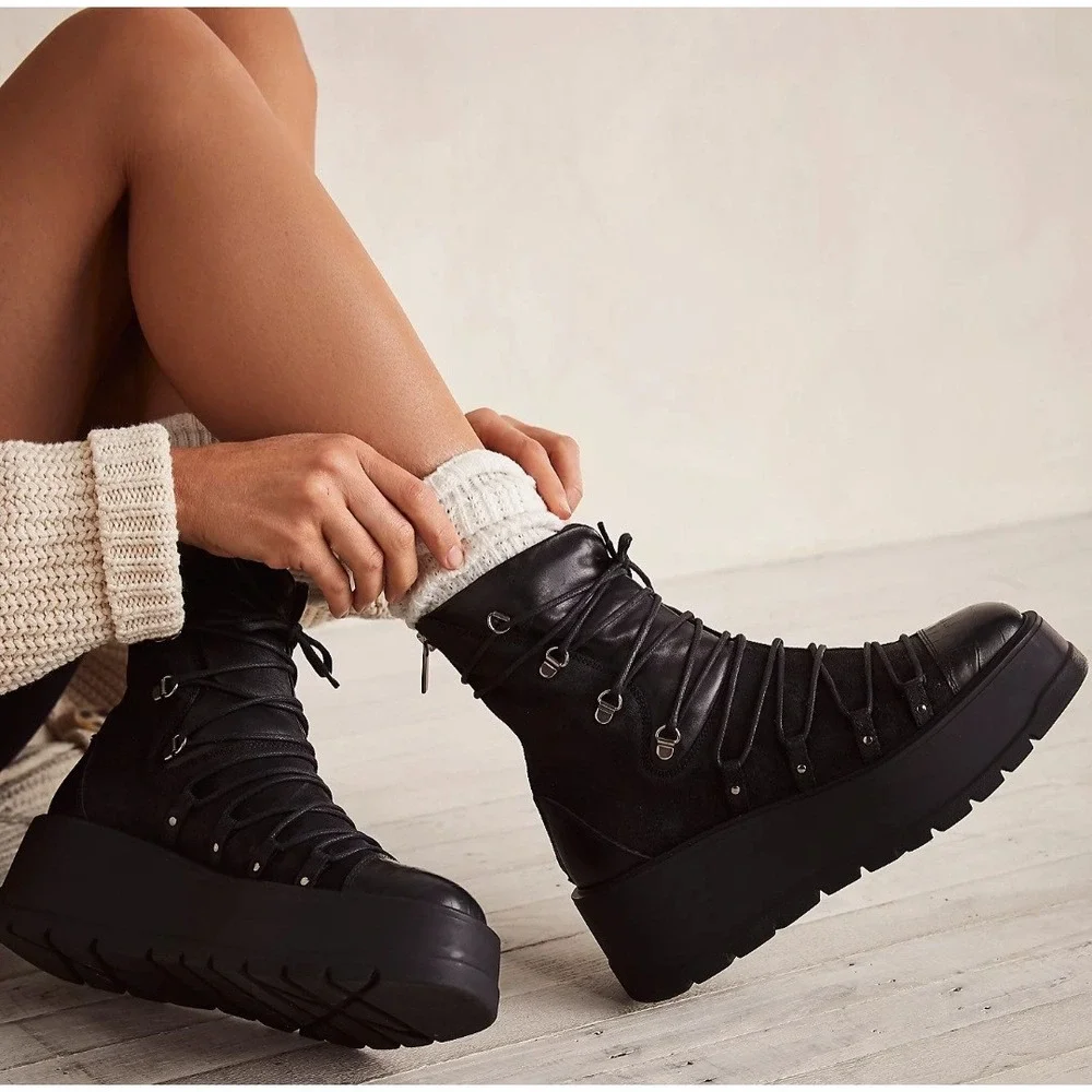 Free People Simone Wedge Boots Black Leather Suede Lace Up Women's EU 38